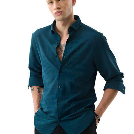SNITCH Men's Casual Shirt | Slim Fit Full Sleeve Classic Collar Textured Design | Premium Polyester Blend & Lightweight Fabric for Everyday Wear | Teal 