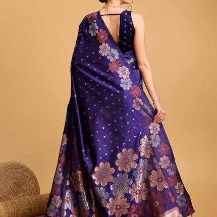 C J Enterprise Women's Banarasi Saree Pure Kanjivaram Silk Saree Soft Design Wear Pattu Sarees Latest Cotton With Blouse Piece Kanchipuram for Wedding sadi new ladies 2025 (Champa-51) (Navy Blue) 