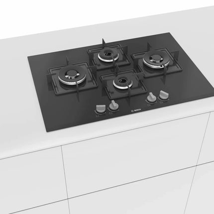 Bosch Built in Gas Hob Black Tempered glass Glass 4 Burner Auto Ignition 75 cm Italian Double Ring Burners (PNI7B6B10I) 