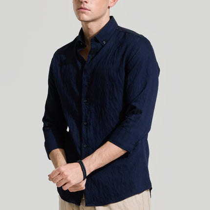 Snitch Men Cotton Blend Slim Fit Navy Casual Textured Shirts, 2XL 