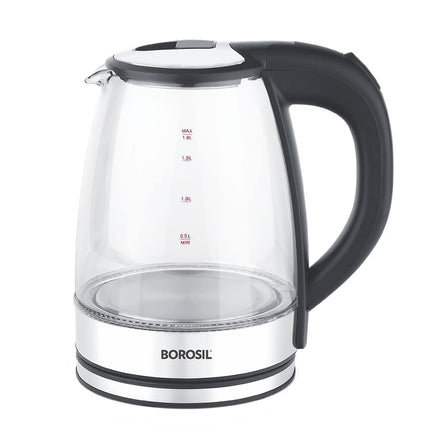 Borosil Electric Glass Kettle, Borosilicate Glass, Extra Long Cord, Dry-boil Protection, 360° Rotating Base, 1.8 L, Transparent 