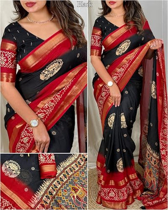 3MBFOR DULL MOSS WITH DOUBLE JECQUARD BORDER WEAVING PATOLA PRINT SAREE (BLACK) 