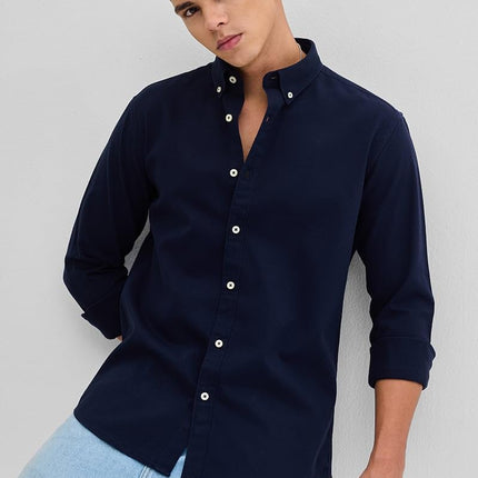 SNITCH Navy Slim Fit Solid Oxford Shirts 
