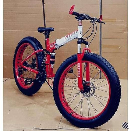 Amaze Power B.M.V X-6 26-Inch Fat Tire Folding Mountain Bike with Dual Suspension, 21-Speed Gear System, Double Disc Brakes, Carbon Steel Frame – Multi-Color Options 