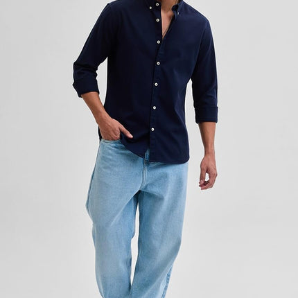 SNITCH Navy Slim Fit Solid Oxford Shirts 