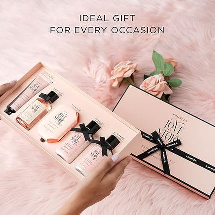 Kimirica Love Story Luxury Bath and Body Care Gift Set Box | Bath Salt, Body Wash, Body Lotion, Bathing Bar and Hand cream | Pack of 5 | For Men and Women | Pampering Kit for Birthday ,Anniversary & All Special Occasions | Premium Gift Packaging 100% Vega 