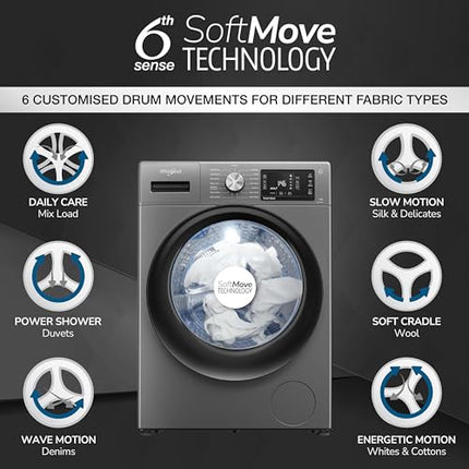 Whirlpool 8 Kg 5 Star Inverter Front Load Fully Automatic Washing Machine with In-Built Heater (XS8014BYM52E, MidNight Grey, Steam Technology, 100+ Tough Stains, 6th Sense Soft Move, 2024 Model) 