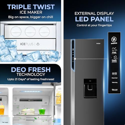 Haier SmartChoice 596L 3Star 2-Door Water Dispenser Side by Side Frost Free Refrigerator|Convertible|Smart Sense AI | Expert Inverter|Digital Display Panel (2025 Model, HRS-682WGKU1, Graphite Black) 