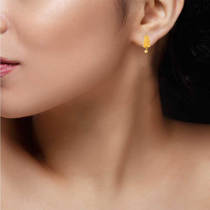 P.C. Chandra Jewellers 22KT (916) Yellow Gold Dangle Stud Earrings For Women & Girls With Fine Leaf Engraving And Ball Drop - 0.98 Grams 
