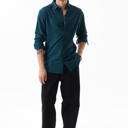 SNITCH Men's Casual Shirt | Slim Fit Full Sleeve Classic Collar Textured Design | Premium Polyester Blend & Lightweight Fabric for Everyday Wear | Teal 