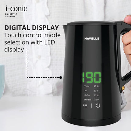Havells I-Conic 1.5 Litre Digi Kettle with double wall and 304 stainless steel tank (Black), 1600 Watts 