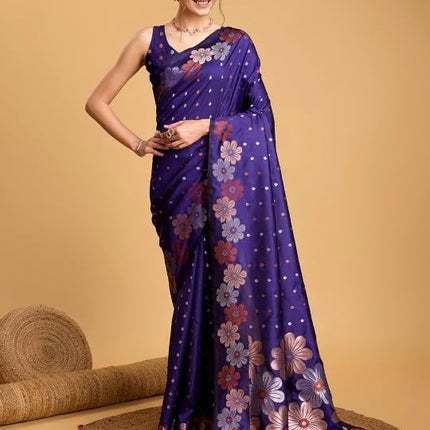 C J Enterprise Women's Banarasi Saree Pure Kanjivaram Silk Saree Soft Design Wear Pattu Sarees Latest Cotton With Blouse Piece Kanchipuram for Wedding sadi new ladies 2025 (Champa-51) (Navy Blue) 