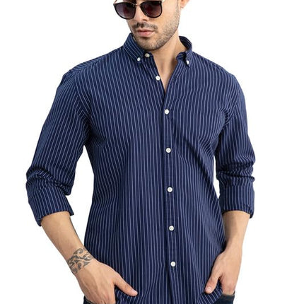 SNITCH Lining Navy Spread Collar Stripe Slim Fit Shirt 