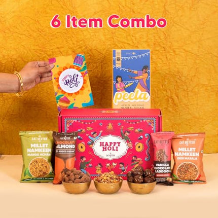 EAT BETTER CO - 6 Item Holi Gift Hamper with Gulaal, Chocolate Coated Nuts, Dry Fruit Laddoos & Chatpata Healthy Millet Namkeen 