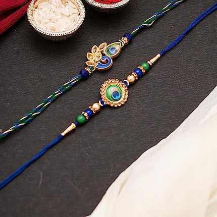 CraftVatika Peacock Rakhi for Brother Mor Pankh Rakhi for Bhaiya Set of 2 for Bhai Boy Kids Combo for Rakshabandhan, with Fridge Magnet for Door Decor 
