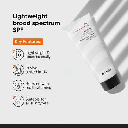 Minimalist Sunscreen SPF 50 PA++++ | Clinically Tested in US (In-Vivo) | Lightweight with Multi-Vitamins | No White Cast | Broad Spectrum | For Women & Men | 30g (Pack of 1) 
