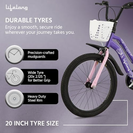 Lifelong 20T Cycle for Kids 5 to 8 Years-Rigid Bicycle for Girls-Single Speed Bike/Bicycle-95% Pre-Assembled-Balance Wheels-Suitable for Young Girls-Above 3 Feet 10Inch+ Height (llbc2005), Purple 