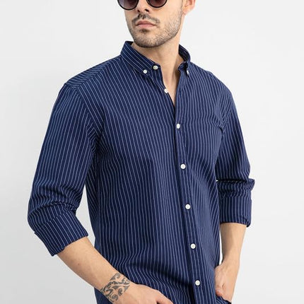SNITCH Lining Navy Spread Collar Stripe Slim Fit Shirt 