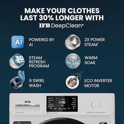 IFB 7 Kg 5 Star Powered by AI with 9 Swirl Wash, WiFi, Fully Automatic Front Load Washing Machine (SERENA GXN 7012, Steam Refresh Program with Eco Inverter, Grey) 