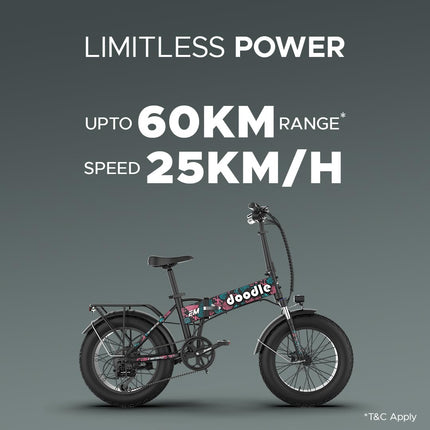 EMotorad Doodle Pro Fat-Tire Foldable Electric Mountain Bike – 250W Rear Hub Motor, 12.75Ah Removable Li-ion Battery, C6+ Display, Front/Rear Lights with Side Indicators 