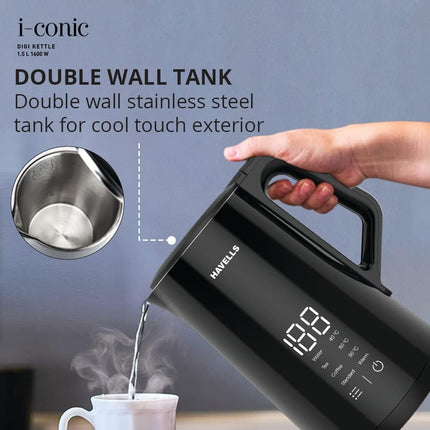Havells I-Conic 1.5 Litre Digi Kettle with double wall and 304 stainless steel tank (Black), 1600 Watts 