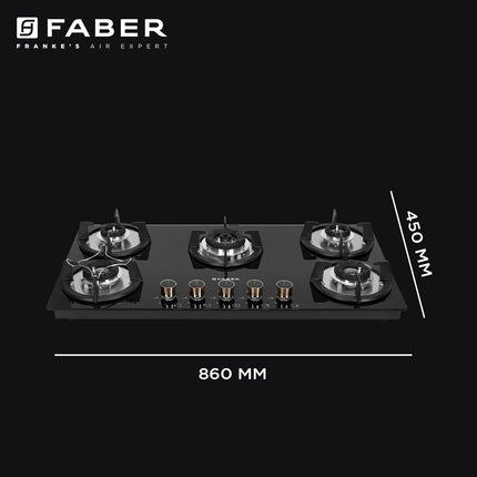 Faber HOB 5 Burner | Auto Ignition | Spillage Proof | HOB SUPERIA HT905 BR AI | Concealed Chamber | Metal Knobs | Pan Support | Black Glass Finish |5 Yr Warranty On Burner & Glass | 1 Yr Comprehensive 