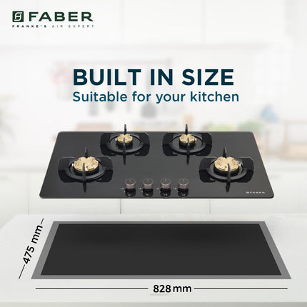 Faber 4 Burner 90Cm HOB |Auto Ignition| HOB PRIME HT904 CRS BR CI AI |Metal Knobs| Cast Iron Pan Support|HOB/Cooktop Hybrid|Black Glass Finish |5 Yrs Warranty On Glass,Valve & 2 Yrs On Burner 