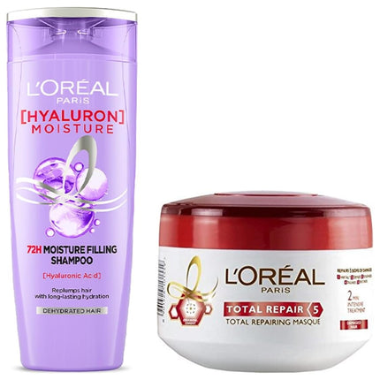 L'Oreal Paris Hair Mask, For Damaged and Weak Hair, With Pro-Keratin + Ceramide, Total Repair 5, 200ml & L'Oreal Paris Moisture Filling Shampoo, With Hyaluronic Acid, For Dry & Dehydrated Hair, 340ml 