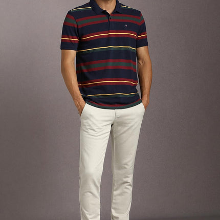Louis Philippe Men's Striped Slim Fit T-Shirt (LYKPCSLBN12553_Navy 