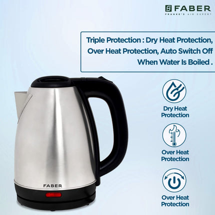 Faber Electric Kettle with Stainless Steel Body, FK 1.8 litres boiler for Water, SS, (FK 1.8L SS) 