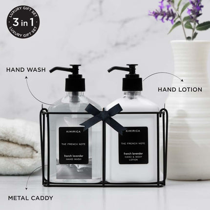 Kimirica Gift Set For Boyfriend,Girlfriend,Husband & Wife French Note Hand Wash Hand Lotion Duo set with Metal Caddy| Lavender luxury Gift Set for Women & Men | (270mlx2) 