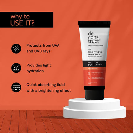 Deconstruct Brightening Sunscreen for Dry Skin with SPF 50+ | 8 hours Long Lasting Dewy Sunscreen | Water Resistant, No White Cast, Quick Absorbing | For Women and Men | 50gm 