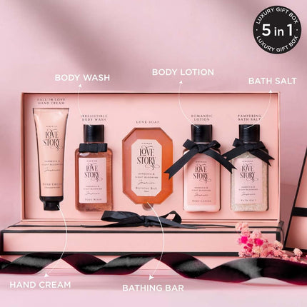 Kimirica Love Story Luxury Bath and Body Care Gift Set Box | Bath Salt, Body Wash, Body Lotion, Bathing Bar and Hand cream | Pack of 5 | For Men and Women | Pampering Kit for Birthday ,Anniversary & All Special Occasions | Premium Gift Packaging 100% Vega 