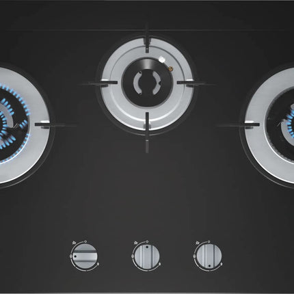 Bosch Built in Gas Hob Black Tempered glass Glass 3 Burner Auto Ignition 70 cm 2 Mini Triple Ring Brass Burner and 1 Double Ring Brass (PMD83D31NX) 