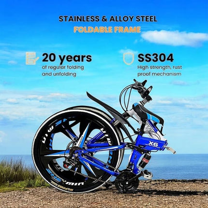 Amaze Kai Dual Suspension Bikes Latest Bmv Foldable Gear Cycle for Men with 21 Speed Gear 3 Spoke | Folding Mountain Bike with Double Disc Break & Mac Wheel, 26 Inch (Blue) 
