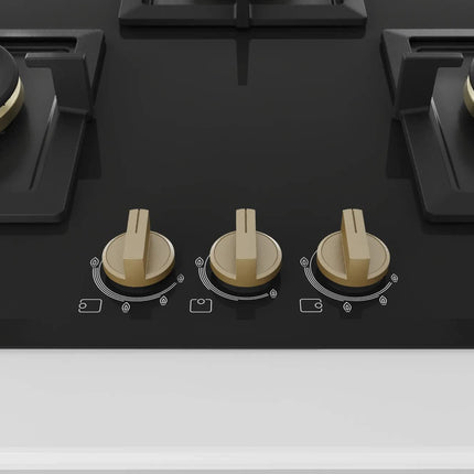 Bosch Built in Gas Hob Black Tempered glass Glass 3 Burner Auto Ignition 75 cm Full Brass 3D Ring Burners with Matt Black Heat Shields & Cast Iron pan supports (PND7B6G20I) 