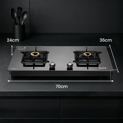 Sujata Premium Gas Stove | 9 Years Warranty | 2 burner gas stove, 2 Burner Gas Stove Glass Top, SABAF, ISI Certified, LPG & PNG Compatible, 360° Rotating Brass Gas Nozzle, Brass Burner (Black) 