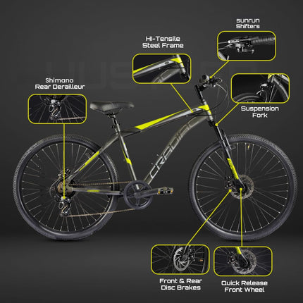 CRADIAC Hustler 7 Speed 26 inch Steel Geared High Performance Mountain Cycle for Men with Front Suspension & Dual disc Brakes | Ideal for 12+ Years, Unisex, Frame Size - 18.5 Inch 
