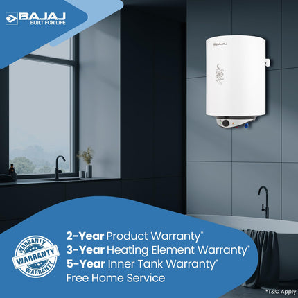 Bajaj Edrea 15 Litre Storage 5-Star Rated Storage vertical Wall Water Heater for home | Polymer Coated Tank | Multiple Safety* | Suitable for High Rise | Child Safety Mode | 5-Yr* Warranty 【White】 