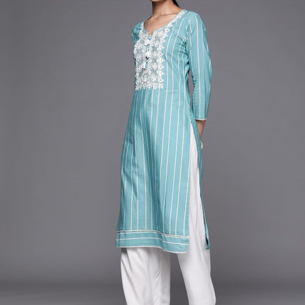Libas Women's Cotton Yoke Design Straight Kurta (23637O_Blue 