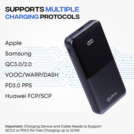 pTron Dynamo Power 20000mAh 22.5W Super Fast Charging Power Bank with Quick Charge & 20W Power Delivery, Built-in Charging Cables, 4 Outputs, Type-C Input/Output Port & LED Battery Display (Black) 