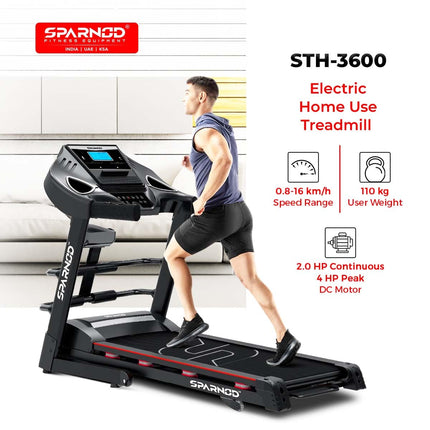 Sparnod Fitness STH-3600 Multifunction Treadmill for Home Use, 4 HP Peak DC Motor, 16 Km/H, Advanced Console with 12 Pre-Set, Massager, Supports 110 Kg User Weight Hydraulic Foldable Inbuilt Speakers 