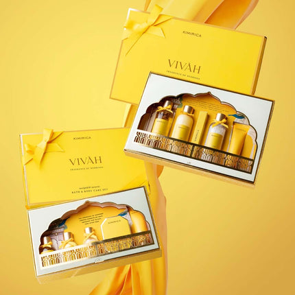 Kimirica Vivah Indulgence Wedding gift set for couple| Uniquely Crafted Wedding Gift contains Shower Gel, Body Lotion, Bath Salt, Eau De Parfum and Hand cream | Luxuriously Scented Marigold & Turmeric | Perfect gift For Weddings | 5 Piece Gift Hamper 