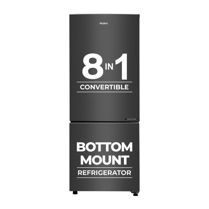 Haier 237L 3 Star Frost Free Bottom Mount Double Door Refrigerator|8 In 1 Convertible Modes|Jhukna Mat-Bottom Freezer|Twin Inverter|200% Faster Ice Making in 49 Minutes (HEB-243GB-P, GE Black) 