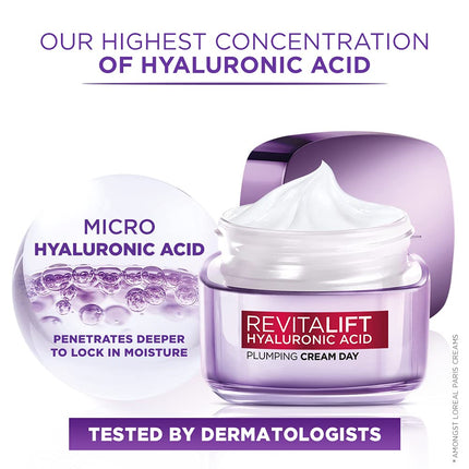 L'Oréal Paris Moisture Filling Shampoo, With Hyaluronic Acid, For Dry & Dehydrated Hair, Hyaluron Moisture 72H, 340ml & L'Oreal Paris Day Cream for Women Revitalift Hyaluronic Acid, 15ml 