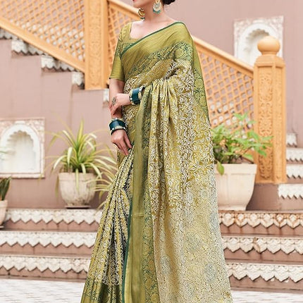ZECVA Women's Pure Kanchipuram Kanjivaram Silk Saree For Women With Zari Weaving All Over Saree Attach With Unstitch Blouse Piece (GREEN) 
