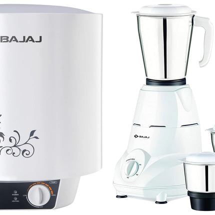 Bajaj Shield Series New Shakti 10L Vertical Storage Water Heater Titanium Armour 4 Star BEE Rated & Bajaj Rex Mixer Grinder 500W Nutri-Pro 3 SS Jars White 
