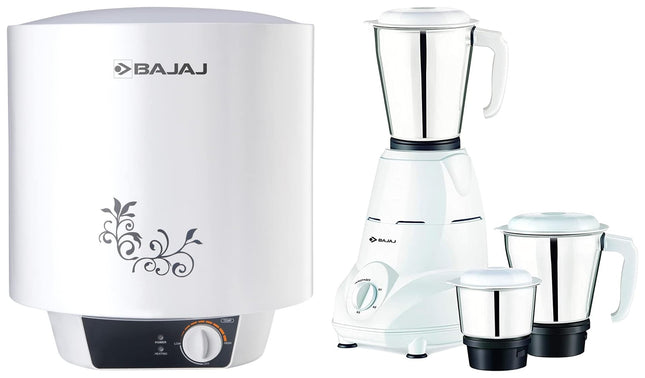 Bajaj Shield Series New Shakti 10L Vertical Storage Water Heater Titanium Armour 4 Star BEE Rated & Bajaj Rex Mixer Grinder 500W Nutri-Pro 3 SS Jars White 