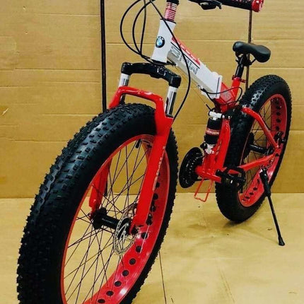 Amaze Power B.M.V X-6 26-Inch Fat Tire Folding Mountain Bike with Dual Suspension, 21-Speed Gear System, Double Disc Brakes, Carbon Steel Frame – Multi-Color Options 