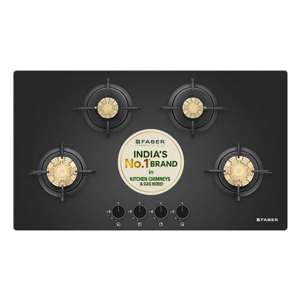 Faber 4 Burner 90Cm HOB |Auto Ignition| HOB PRIME HT904 CRS BR CI AI |Metal Knobs| Cast Iron Pan Support|HOB/Cooktop Hybrid|Black Glass Finish |5 Yrs Warranty On Glass,Valve & 2 Yrs On Burner 